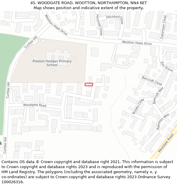 45, WOODGATE ROAD, WOOTTON, NORTHAMPTON, NN4 6ET: Location map and indicative extent of plot