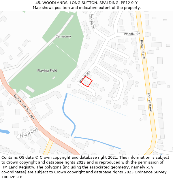 45, WOODLANDS, LONG SUTTON, SPALDING, PE12 9LY: Location map and indicative extent of plot