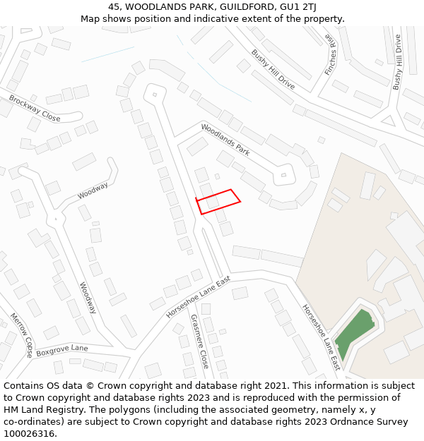 45, WOODLANDS PARK, GUILDFORD, GU1 2TJ: Location map and indicative extent of plot