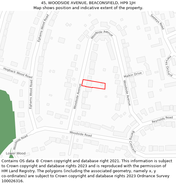 45, WOODSIDE AVENUE, BEACONSFIELD, HP9 1JH: Location map and indicative extent of plot