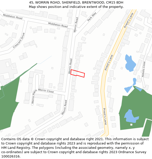 45, WORRIN ROAD, SHENFIELD, BRENTWOOD, CM15 8DH: Location map and indicative extent of plot