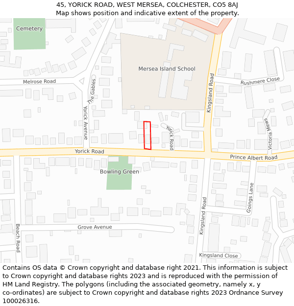 45, YORICK ROAD, WEST MERSEA, COLCHESTER, CO5 8AJ: Location map and indicative extent of plot