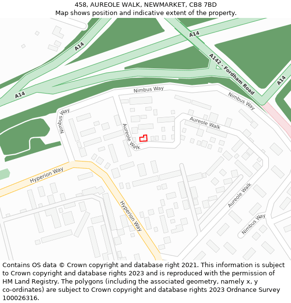 458, AUREOLE WALK, NEWMARKET, CB8 7BD: Location map and indicative extent of plot