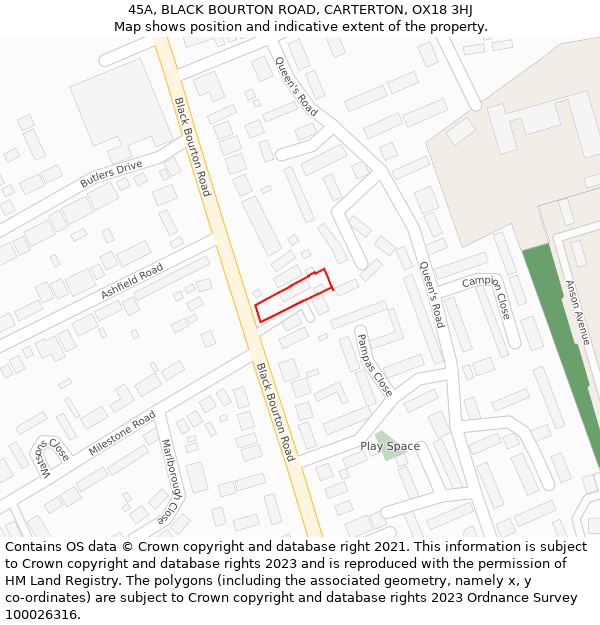 45A, BLACK BOURTON ROAD, CARTERTON, OX18 3HJ: Location map and indicative extent of plot