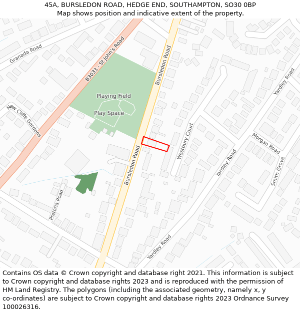 45A, BURSLEDON ROAD, HEDGE END, SOUTHAMPTON, SO30 0BP: Location map and indicative extent of plot