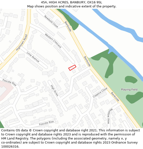 45A, HIGH ACRES, BANBURY, OX16 9SL: Location map and indicative extent of plot