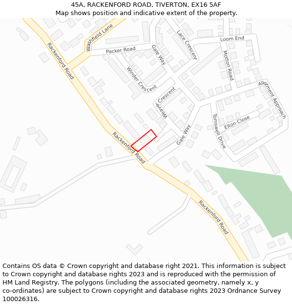 45A, RACKENFORD ROAD, TIVERTON, EX16 5AF: Location map and indicative extent of plot