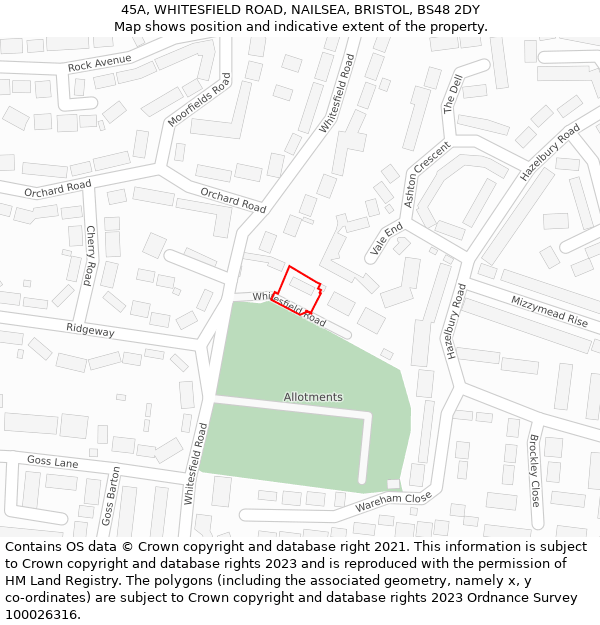 45A, WHITESFIELD ROAD, NAILSEA, BRISTOL, BS48 2DY: Location map and indicative extent of plot