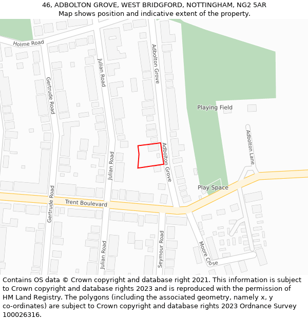46, ADBOLTON GROVE, WEST BRIDGFORD, NOTTINGHAM, NG2 5AR: Location map and indicative extent of plot