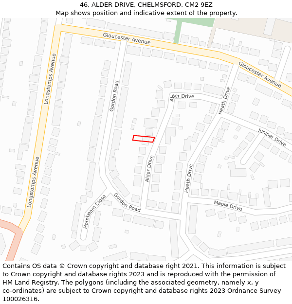 46, ALDER DRIVE, CHELMSFORD, CM2 9EZ: Location map and indicative extent of plot