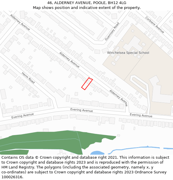 46, ALDERNEY AVENUE, POOLE, BH12 4LG: Location map and indicative extent of plot