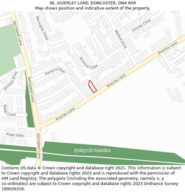 46, ALVERLEY LANE, DONCASTER, DN4 9AR: Location map and indicative extent of plot