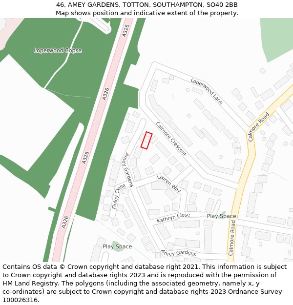 46, AMEY GARDENS, TOTTON, SOUTHAMPTON, SO40 2BB: Location map and indicative extent of plot