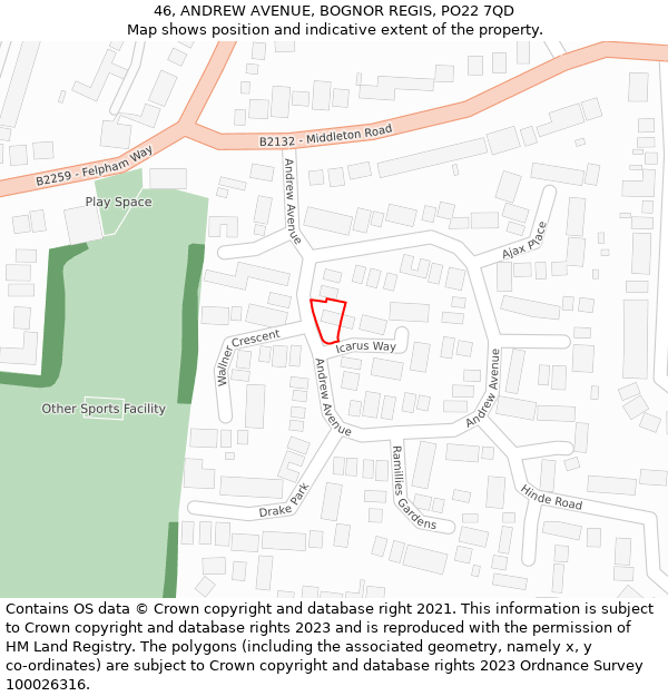 46, ANDREW AVENUE, BOGNOR REGIS, PO22 7QD: Location map and indicative extent of plot