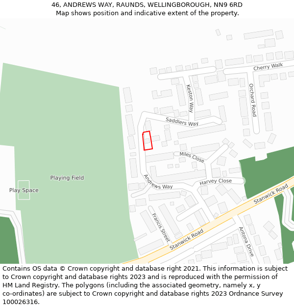 46, ANDREWS WAY, RAUNDS, WELLINGBOROUGH, NN9 6RD: Location map and indicative extent of plot