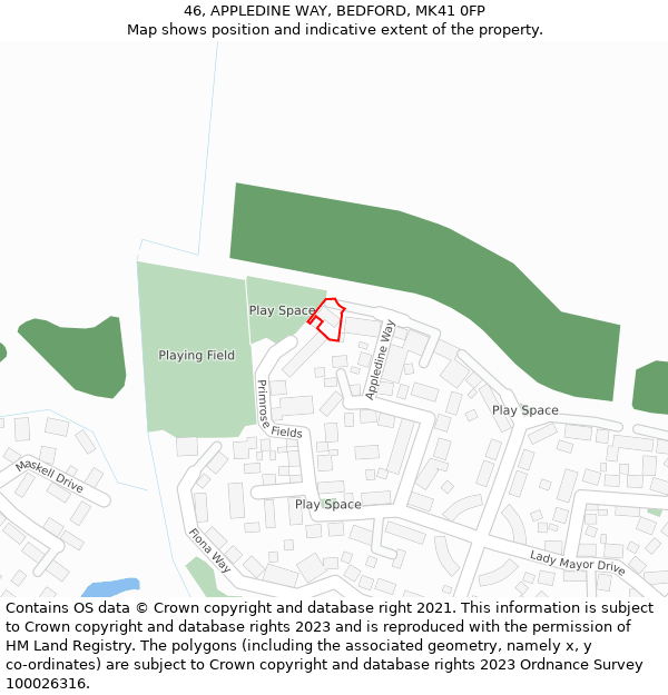 46, APPLEDINE WAY, BEDFORD, MK41 0FP: Location map and indicative extent of plot