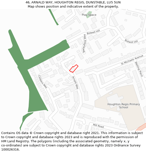 46, ARNALD WAY, HOUGHTON REGIS, DUNSTABLE, LU5 5UN: Location map and indicative extent of plot