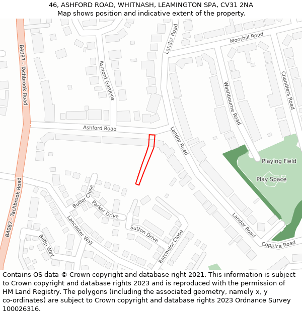 46, ASHFORD ROAD, WHITNASH, LEAMINGTON SPA, CV31 2NA: Location map and indicative extent of plot