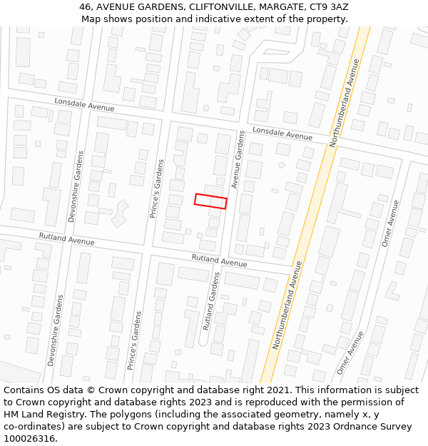 46, AVENUE GARDENS, CLIFTONVILLE, MARGATE, CT9 3AZ: Location map and indicative extent of plot