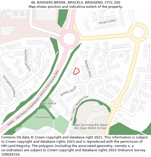 46, BADGERS BROOK, BRACKLA, BRIDGEND, CF31 2QS: Location map and indicative extent of plot