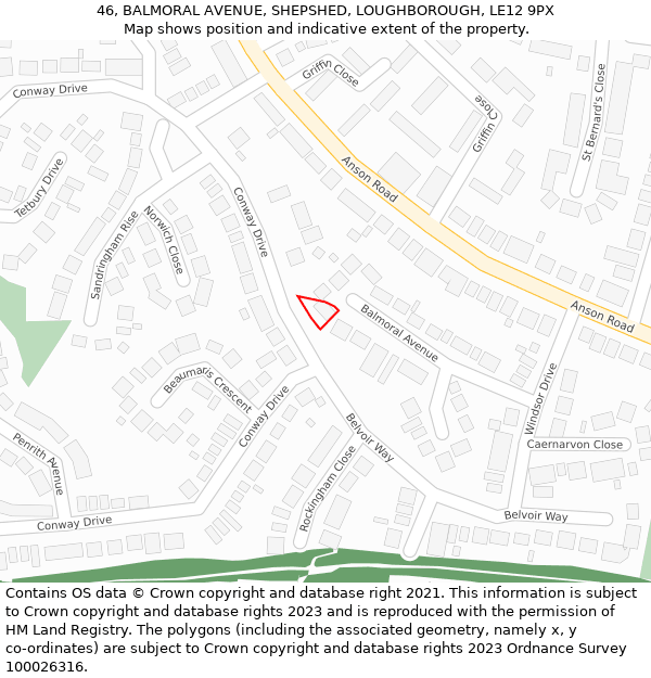 46, BALMORAL AVENUE, SHEPSHED, LOUGHBOROUGH, LE12 9PX: Location map and indicative extent of plot