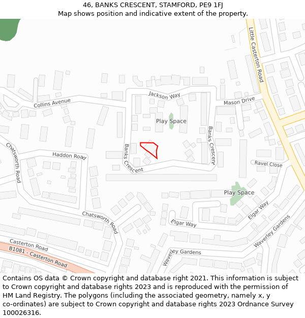 46, BANKS CRESCENT, STAMFORD, PE9 1FJ: Location map and indicative extent of plot