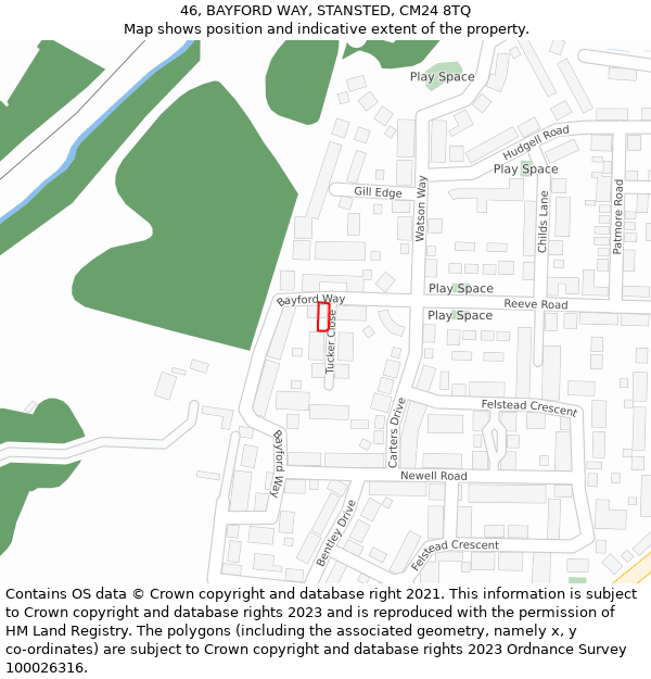 46, BAYFORD WAY, STANSTED, CM24 8TQ: Location map and indicative extent of plot