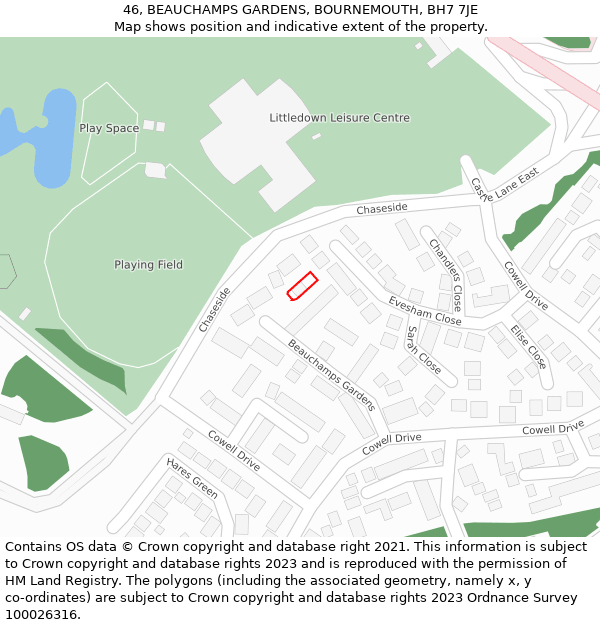 46, BEAUCHAMPS GARDENS, BOURNEMOUTH, BH7 7JE: Location map and indicative extent of plot