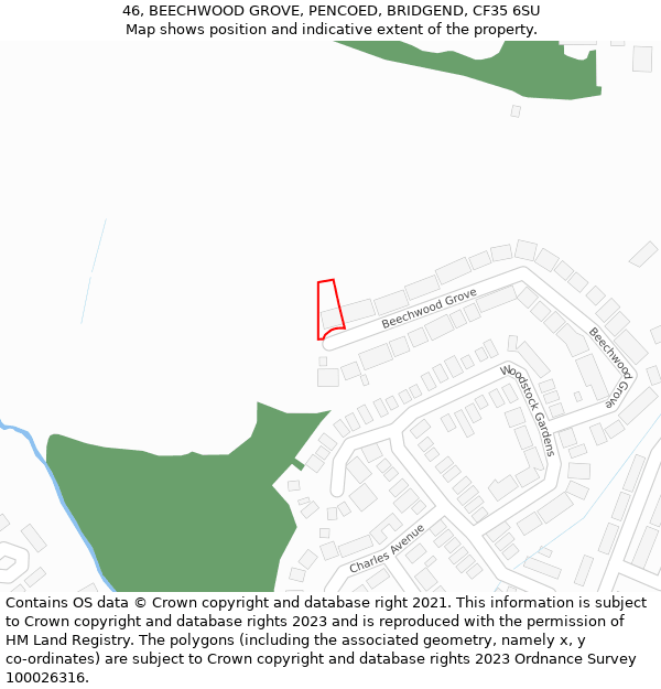 46, BEECHWOOD GROVE, PENCOED, BRIDGEND, CF35 6SU: Location map and indicative extent of plot