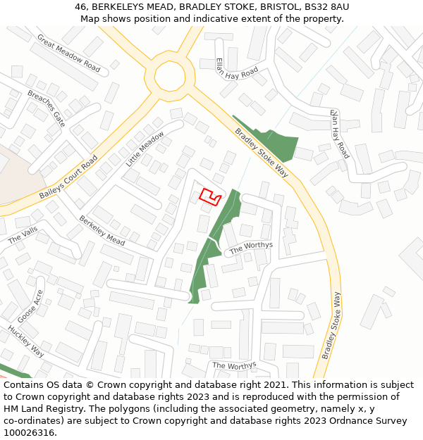 46, BERKELEYS MEAD, BRADLEY STOKE, BRISTOL, BS32 8AU: Location map and indicative extent of plot