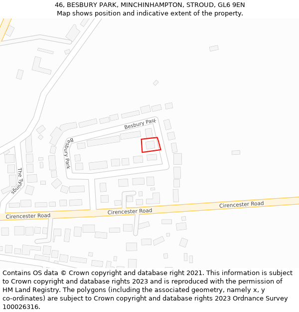 46, BESBURY PARK, MINCHINHAMPTON, STROUD, GL6 9EN: Location map and indicative extent of plot