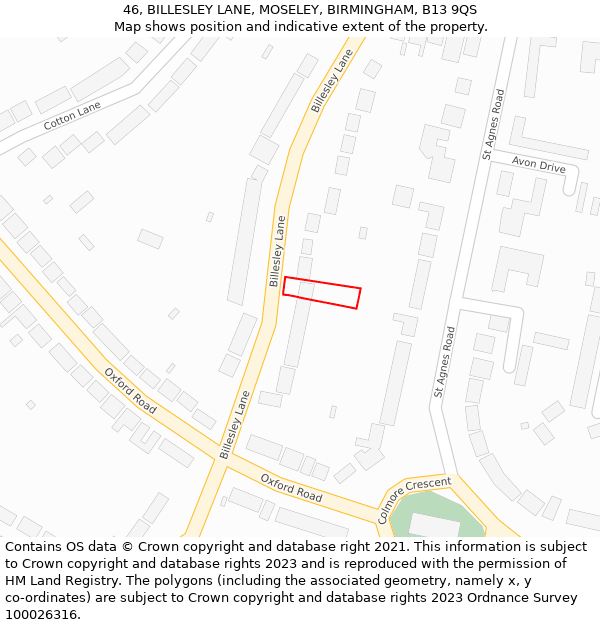 46, BILLESLEY LANE, MOSELEY, BIRMINGHAM, B13 9QS: Location map and indicative extent of plot