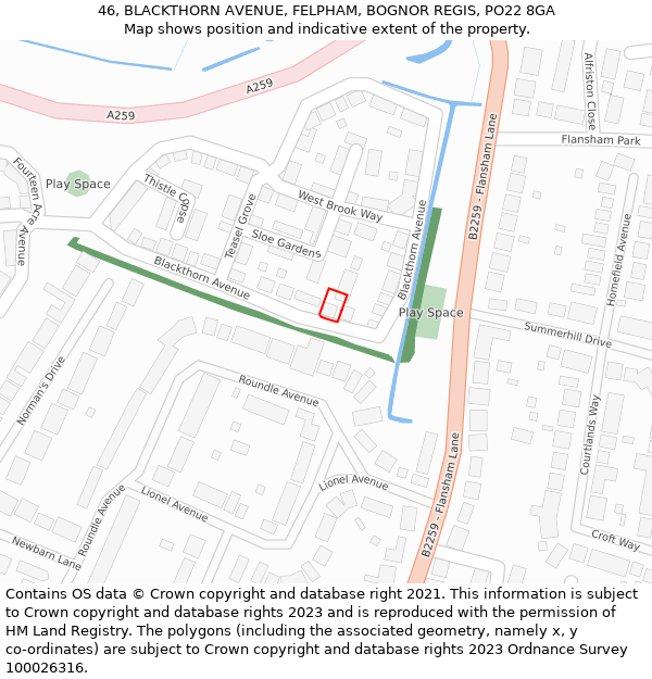 46, BLACKTHORN AVENUE, FELPHAM, BOGNOR REGIS, PO22 8GA: Location map and indicative extent of plot