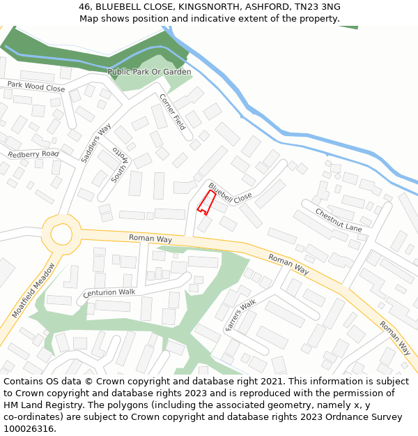 46, BLUEBELL CLOSE, KINGSNORTH, ASHFORD, TN23 3NG: Location map and indicative extent of plot