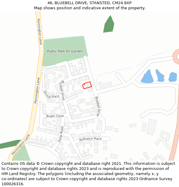 46, BLUEBELL DRIVE, STANSTED, CM24 8XP: Location map and indicative extent of plot