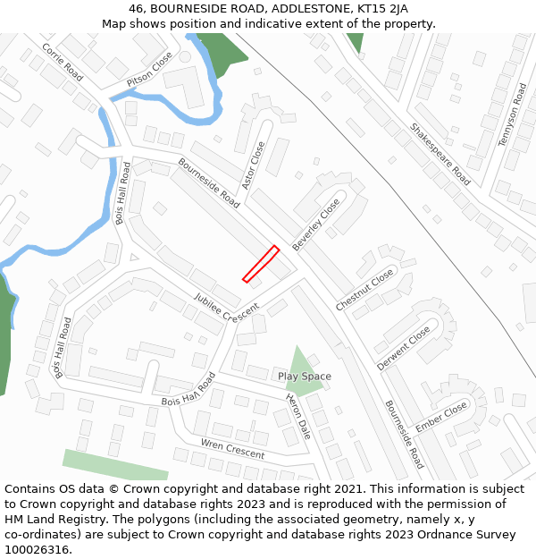 46, BOURNESIDE ROAD, ADDLESTONE, KT15 2JA: Location map and indicative extent of plot