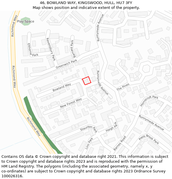 46, BOWLAND WAY, KINGSWOOD, HULL, HU7 3FY: Location map and indicative extent of plot