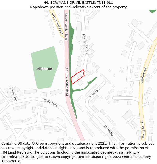 46, BOWMANS DRIVE, BATTLE, TN33 0LU: Location map and indicative extent of plot