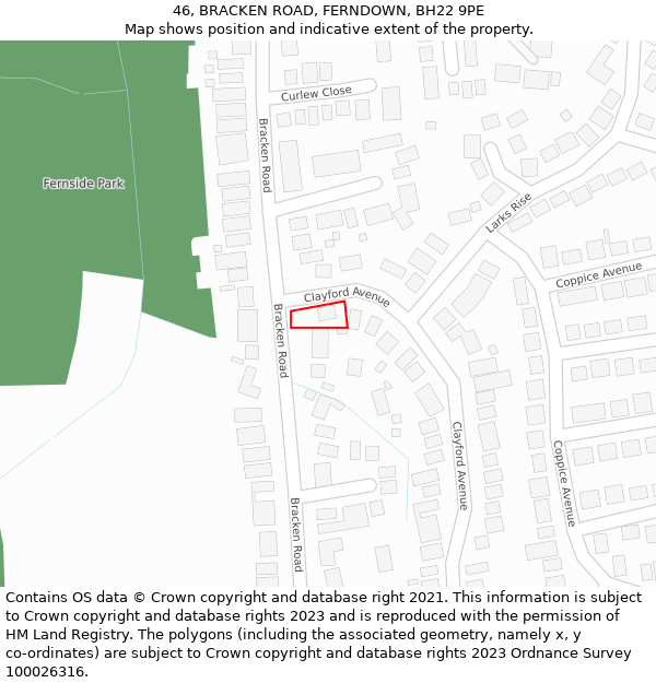 46, BRACKEN ROAD, FERNDOWN, BH22 9PE: Location map and indicative extent of plot