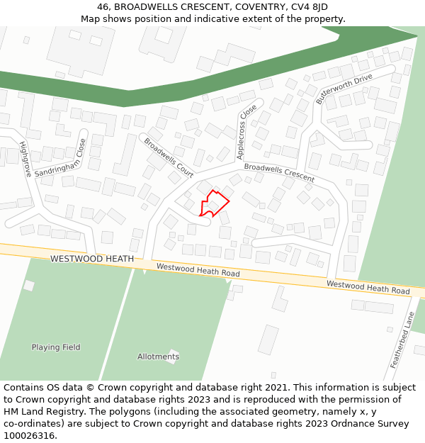 46, BROADWELLS CRESCENT, COVENTRY, CV4 8JD: Location map and indicative extent of plot