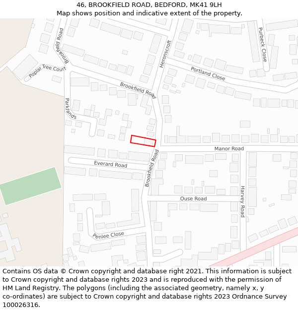 46, BROOKFIELD ROAD, BEDFORD, MK41 9LH: Location map and indicative extent of plot