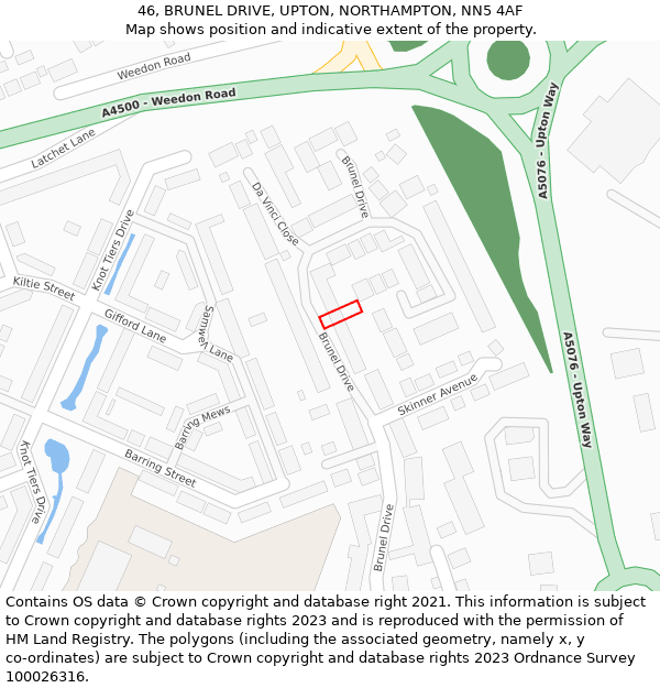 46, BRUNEL DRIVE, UPTON, NORTHAMPTON, NN5 4AF: Location map and indicative extent of plot