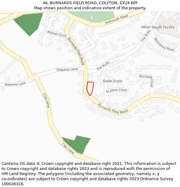 46, BURNARDS FIELD ROAD, COLYTON, EX24 6PF: Location map and indicative extent of plot