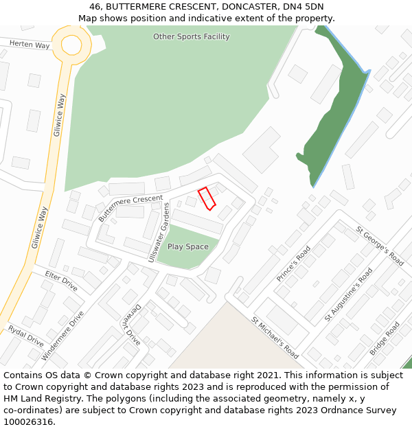 46, BUTTERMERE CRESCENT, DONCASTER, DN4 5DN: Location map and indicative extent of plot