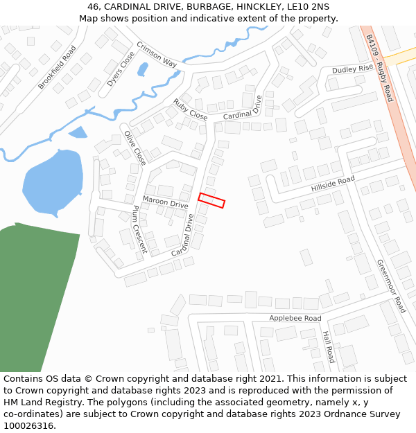 46, CARDINAL DRIVE, BURBAGE, HINCKLEY, LE10 2NS: Location map and indicative extent of plot