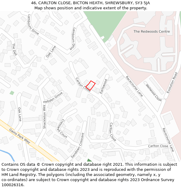 46, CARLTON CLOSE, BICTON HEATH, SHREWSBURY, SY3 5JA: Location map and indicative extent of plot