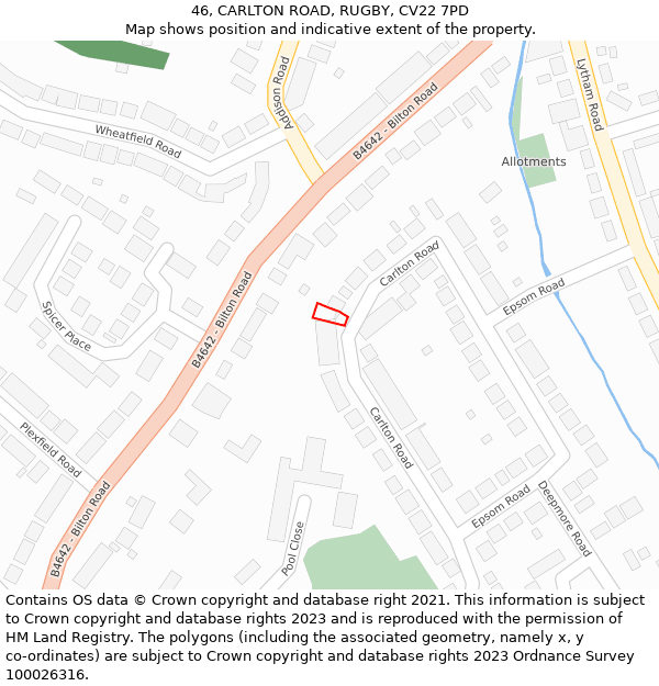 46, CARLTON ROAD, RUGBY, CV22 7PD: Location map and indicative extent of plot