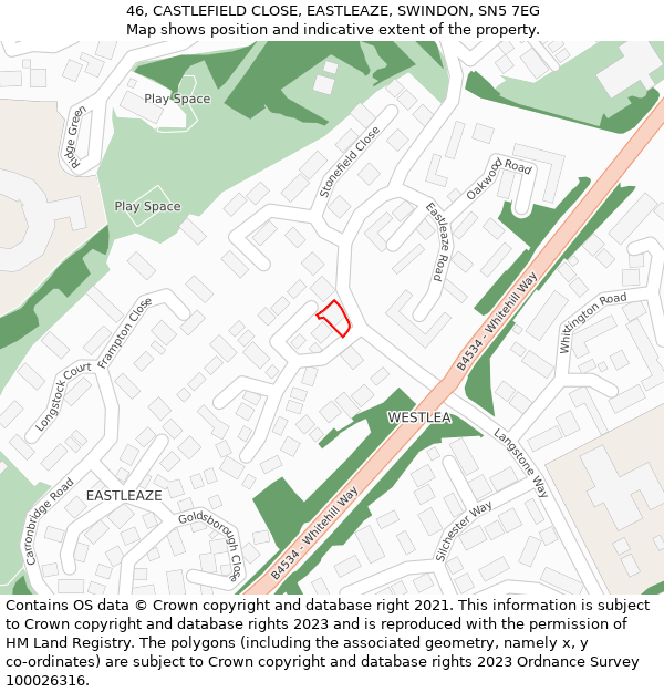 46, CASTLEFIELD CLOSE, EASTLEAZE, SWINDON, SN5 7EG: Location map and indicative extent of plot