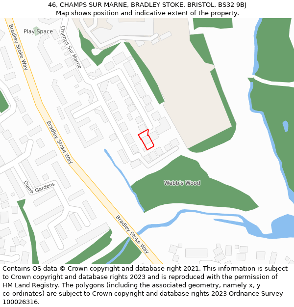 46, CHAMPS SUR MARNE, BRADLEY STOKE, BRISTOL, BS32 9BJ: Location map and indicative extent of plot