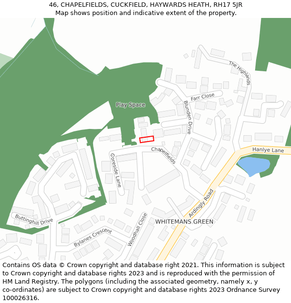 46, CHAPELFIELDS, CUCKFIELD, HAYWARDS HEATH, RH17 5JR: Location map and indicative extent of plot